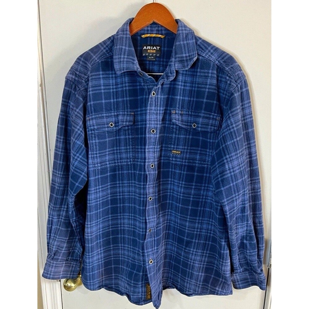 Ariat Rebar Mens Flannel Shirt Plaid Blue Long Sleeve Button Up Pockets XL Flaw